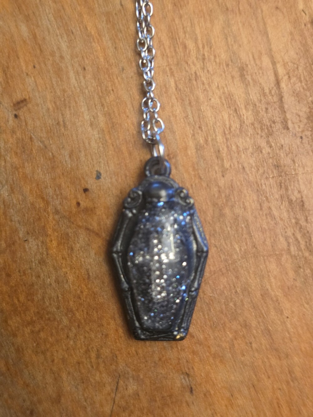 Goth Resin Coffin Pendant With Glitter Cross In Center On Silver-Tone Chain